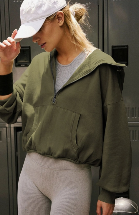 Army Green- Half Zip Up Oversized Cropped Hoodie