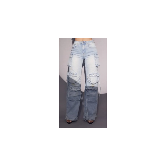 Distressed Light Wash Cargo Jeans